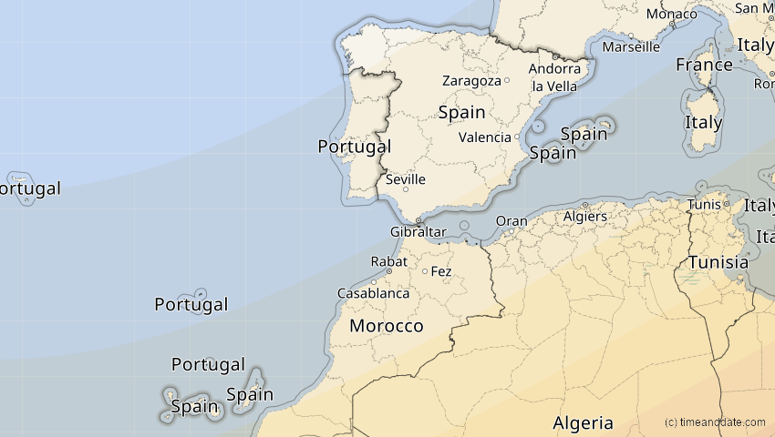 A map of Spanien, showing the path of the 5. Jan 2038 Ringförmige Sonnenfinsternis