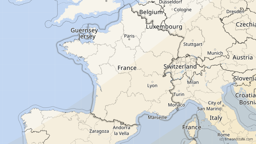 A map of Frankreich, showing the path of the 5. Jan 2038 Ringförmige Sonnenfinsternis