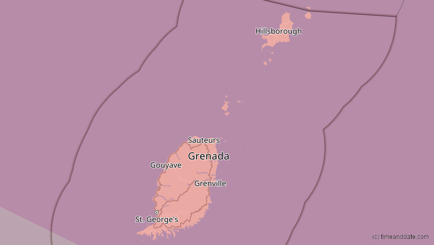 A map of Grenada, showing the path of the 5. Jan 2038 Ringförmige Sonnenfinsternis