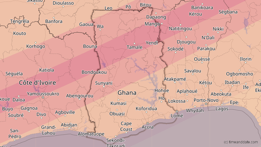 A map of Ghana, showing the path of the 5. Jan 2038 Ringförmige Sonnenfinsternis