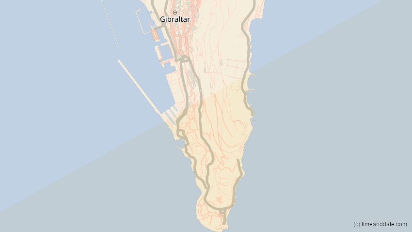 A map of Gibraltar, showing the path of the 5. Jan 2038 Ringförmige Sonnenfinsternis
