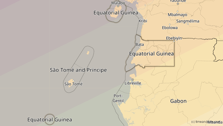 A map of Äquatorialguinea, showing the path of the 5. Jan 2038 Ringförmige Sonnenfinsternis