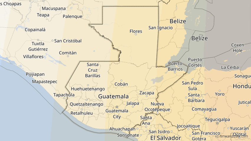 A map of Guatemala, showing the path of the 5. Jan 2038 Ringförmige Sonnenfinsternis