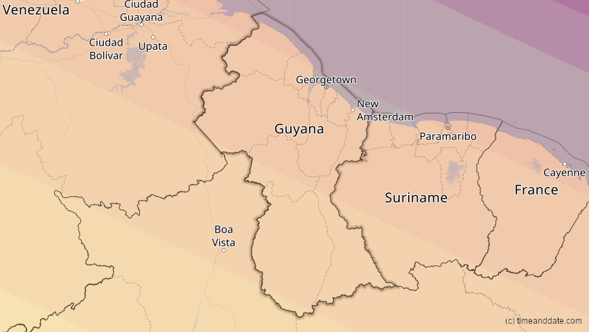 A map of Guyana, showing the path of the 5. Jan 2038 Ringförmige Sonnenfinsternis
