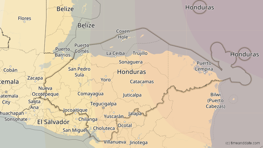 A map of Honduras, showing the path of the 5. Jan 2038 Ringförmige Sonnenfinsternis