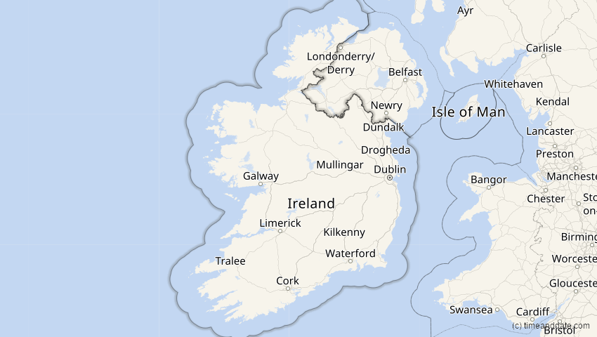 A map of Irland, showing the path of the 5. Jan 2038 Ringförmige Sonnenfinsternis