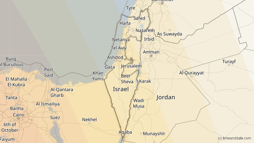 A map of Israel, showing the path of the 5. Jan 2038 Ringförmige Sonnenfinsternis