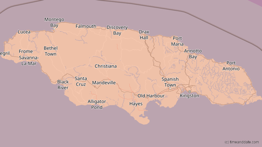 A map of Jamaika, showing the path of the 5. Jan 2038 Ringförmige Sonnenfinsternis