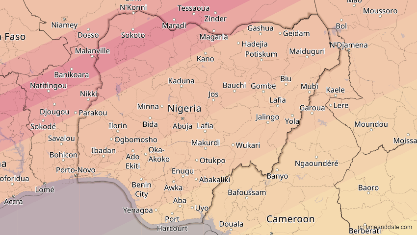 A map of Nigeria, showing the path of the 5. Jan 2038 Ringförmige Sonnenfinsternis