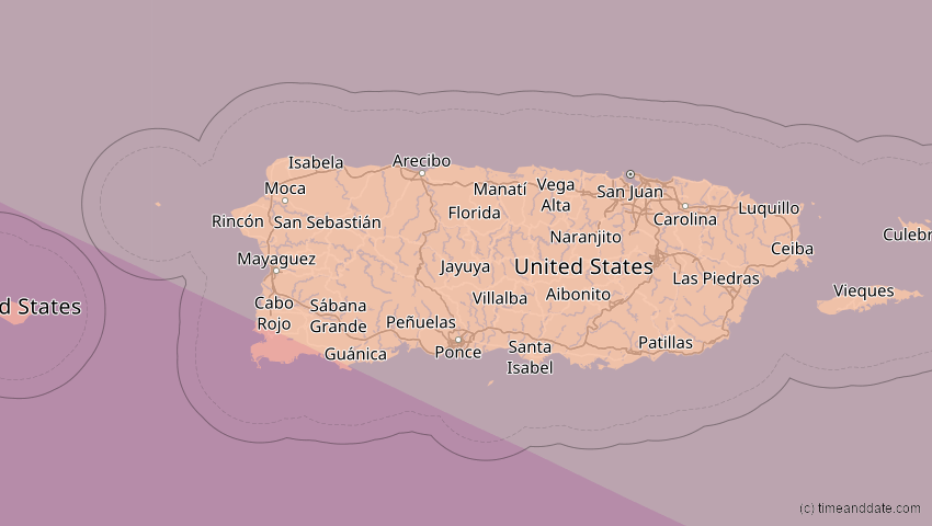 A map of Puerto Rico, showing the path of the 5. Jan 2038 Ringförmige Sonnenfinsternis