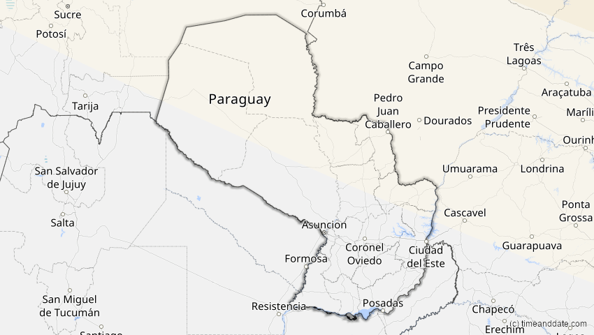 A map of Paraguay, showing the path of the Jan 5, 2038 Annular Solar Eclipse