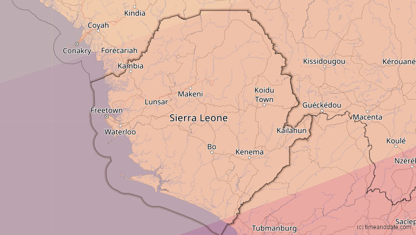 A map of Sierra Leone, showing the path of the 5. Jan 2038 Ringförmige Sonnenfinsternis