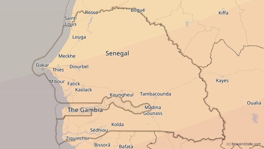 A map of Senegal, showing the path of the 5. Jan 2038 Ringförmige Sonnenfinsternis