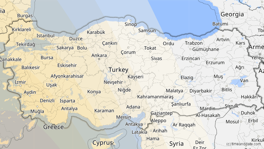 A map of Türkei, showing the path of the 5. Jan 2038 Ringförmige Sonnenfinsternis