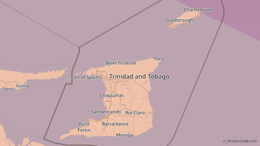A map of Trinidad und Tobago, showing the path of the 5. Jan 2038 Ringförmige Sonnenfinsternis