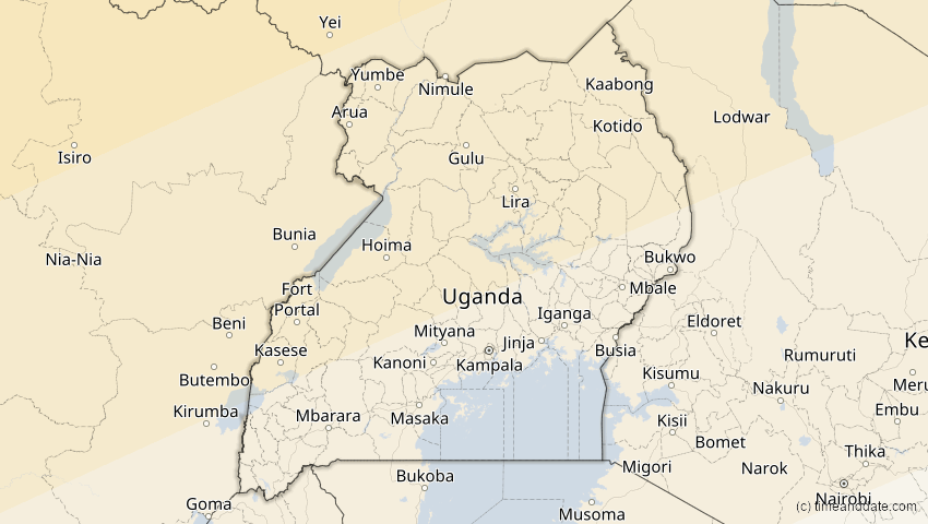 A map of Uganda, showing the path of the 5. Jan 2038 Ringförmige Sonnenfinsternis
