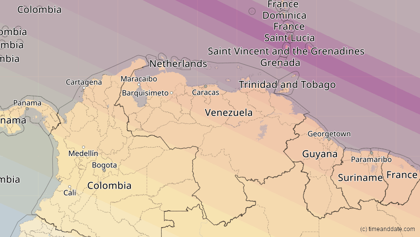 A map of Venezuela, showing the path of the 5. Jan 2038 Ringförmige Sonnenfinsternis
