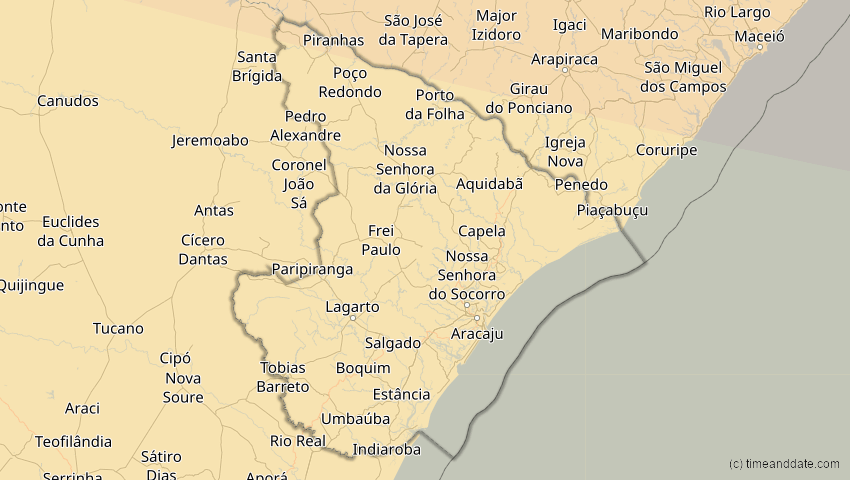 A map of Sergipe, Brasilien, showing the path of the 5. Jan 2038 Ringförmige Sonnenfinsternis