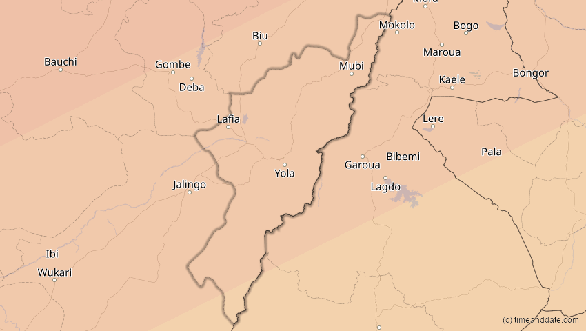 A map of Adamawa, Nigeria, showing the path of the 5. Jan 2038 Ringförmige Sonnenfinsternis