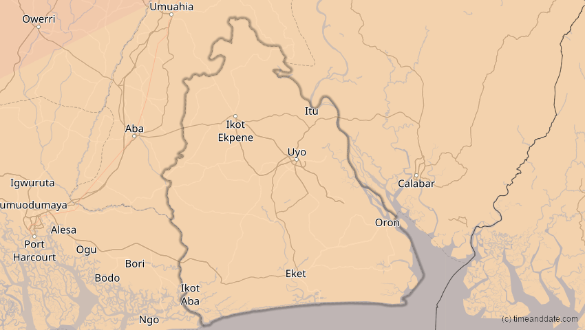 A map of Akwa Ibom, Nigeria, showing the path of the 5. Jan 2038 Ringförmige Sonnenfinsternis