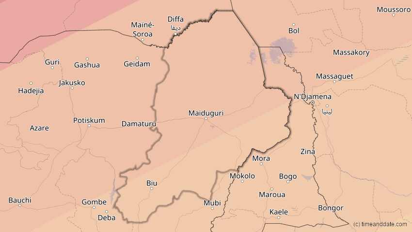 A map of Borno, Nigeria, showing the path of the 5. Jan 2038 Ringförmige Sonnenfinsternis