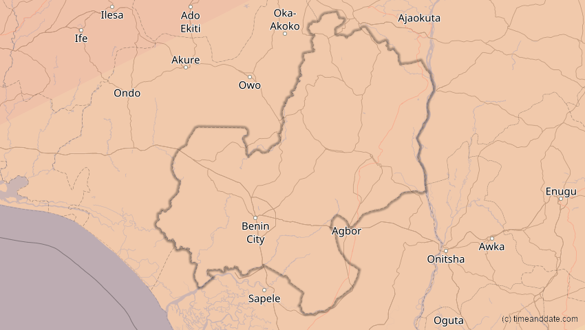 A map of Edo, Nigeria, showing the path of the 5. Jan 2038 Ringförmige Sonnenfinsternis