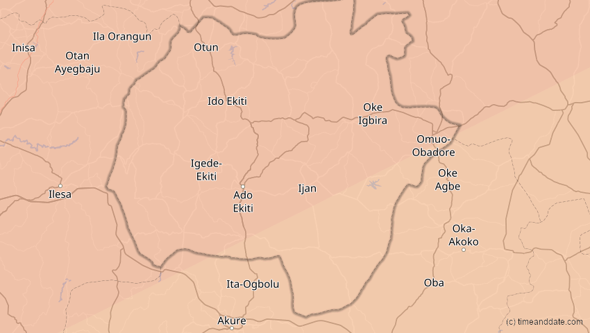 A map of Ekiti, Nigeria, showing the path of the 5. Jan 2038 Ringförmige Sonnenfinsternis