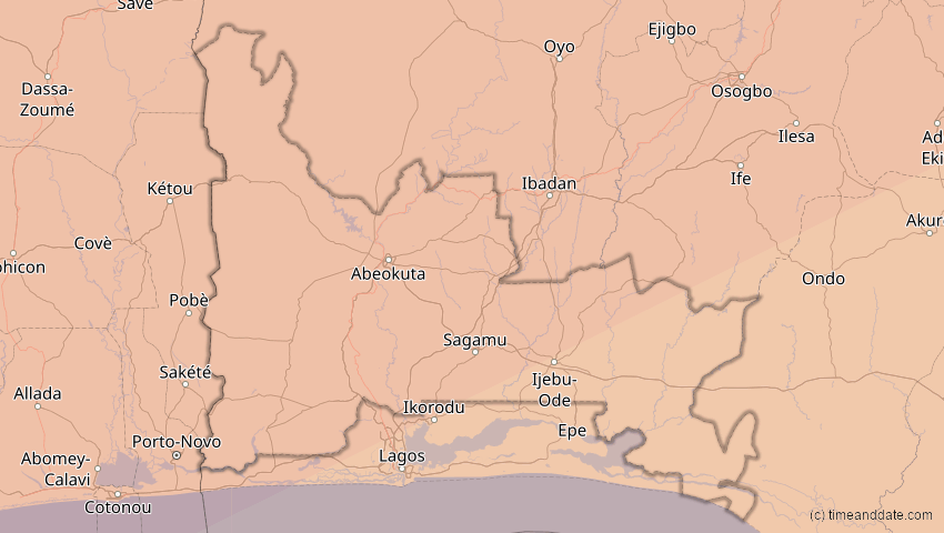 A map of Ogun, Nigeria, showing the path of the 5. Jan 2038 Ringförmige Sonnenfinsternis