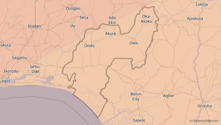 A map of Ondo, Nigeria, showing the path of the 5. Jan 2038 Ringförmige Sonnenfinsternis