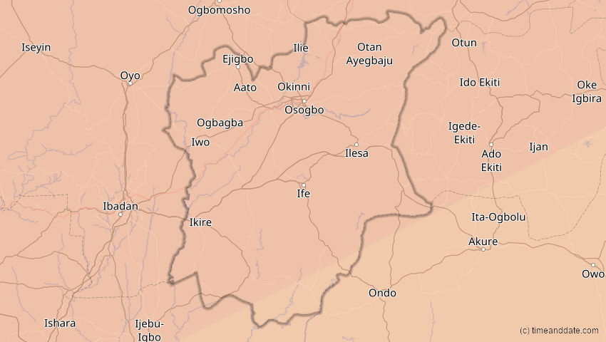 A map of Osun, Nigeria, showing the path of the 5. Jan 2038 Ringförmige Sonnenfinsternis