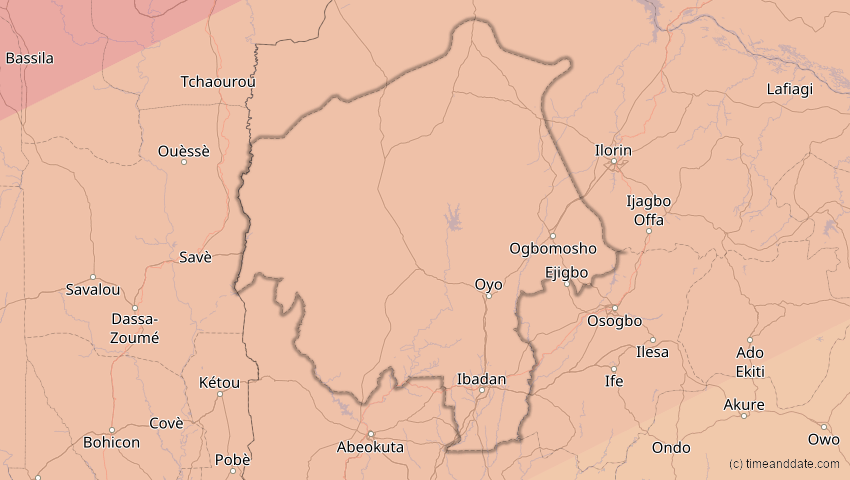 A map of Oyo, Nigeria, showing the path of the 5. Jan 2038 Ringförmige Sonnenfinsternis