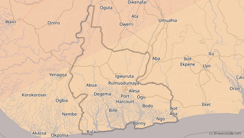 A map of Rivers, Nigeria, showing the path of the 5. Jan 2038 Ringförmige Sonnenfinsternis