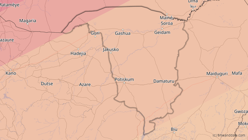 A map of Yobe, Nigeria, showing the path of the 5. Jan 2038 Ringförmige Sonnenfinsternis
