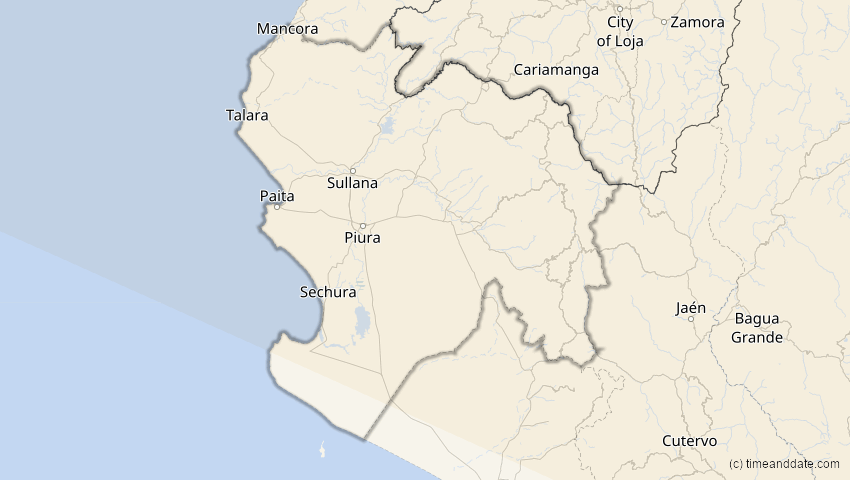 A map of Piura, Peru, showing the path of the 5. Jan 2038 Ringförmige Sonnenfinsternis