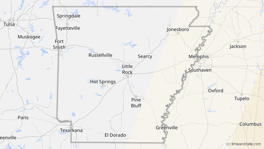 A map of Arkansas, USA, showing the path of the 5. Jan 2038 Ringförmige Sonnenfinsternis