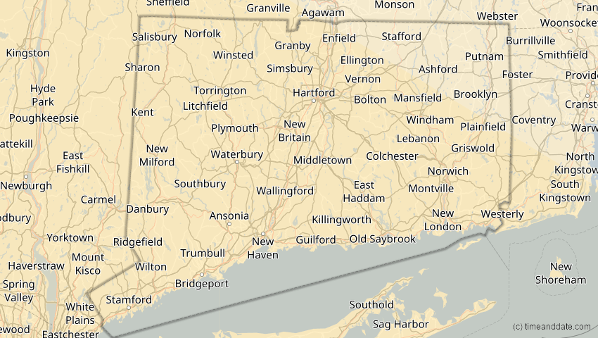 A map of Connecticut, USA, showing the path of the 5. Jan 2038 Ringförmige Sonnenfinsternis