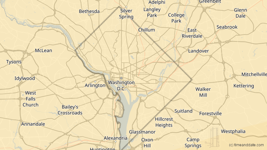 A map of District of Columbia, USA, showing the path of the 5. Jan 2038 Ringförmige Sonnenfinsternis