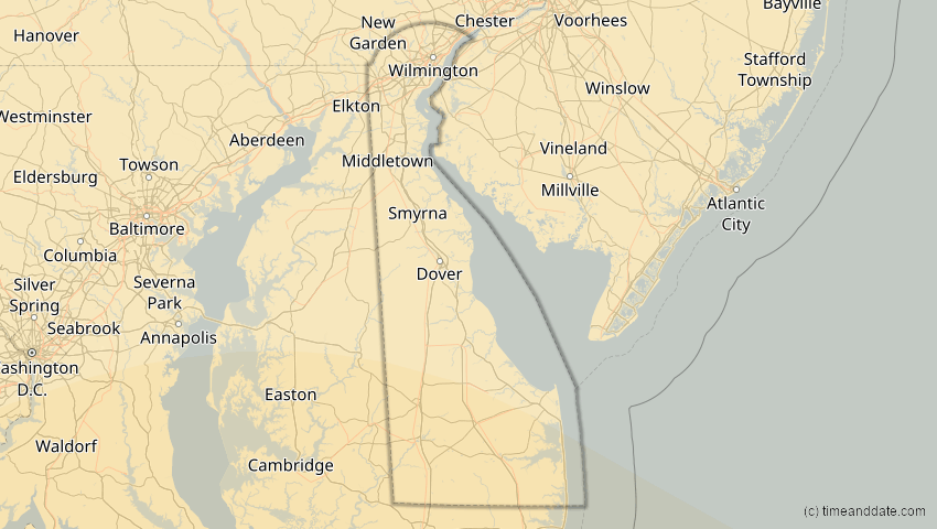 A map of Delaware, USA, showing the path of the 5. Jan 2038 Ringförmige Sonnenfinsternis