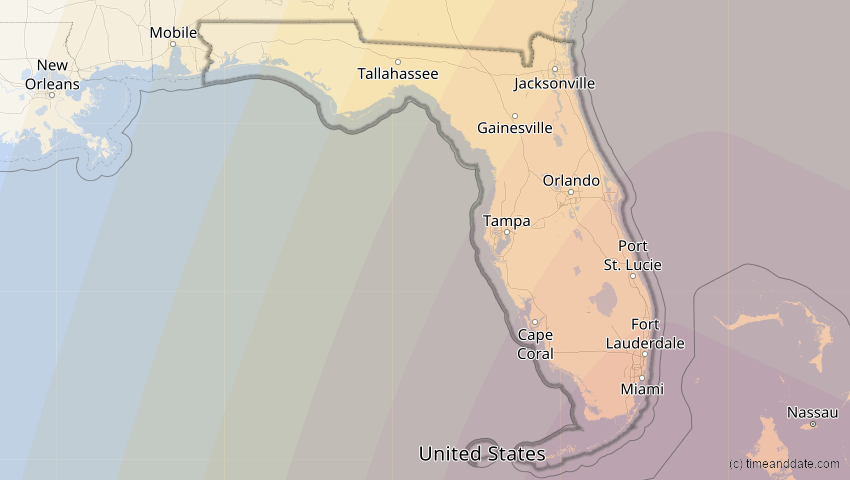 A map of Florida, USA, showing the path of the 5. Jan 2038 Ringförmige Sonnenfinsternis