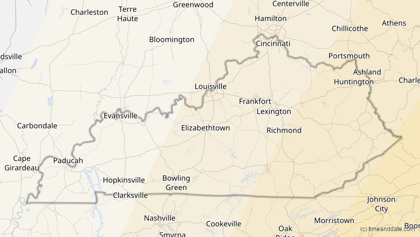 A map of Kentucky, USA, showing the path of the 5. Jan 2038 Ringförmige Sonnenfinsternis