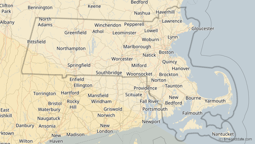A map of Massachusetts, USA, showing the path of the 5. Jan 2038 Ringförmige Sonnenfinsternis