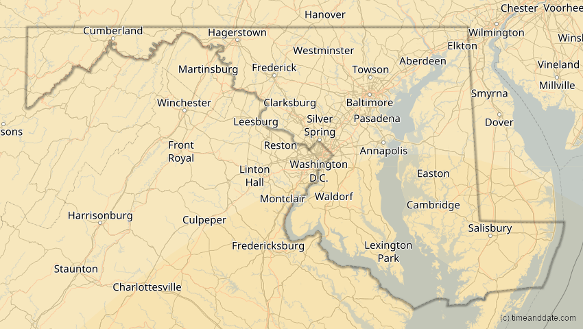 A map of Maryland, USA, showing the path of the 5. Jan 2038 Ringförmige Sonnenfinsternis