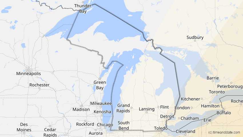 A map of Michigan, USA, showing the path of the 5. Jan 2038 Ringförmige Sonnenfinsternis