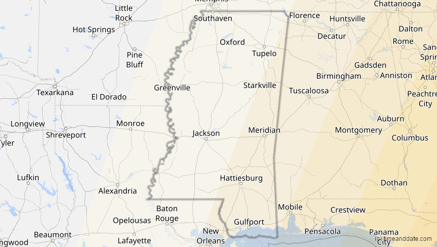 A map of Mississippi, USA, showing the path of the 5. Jan 2038 Ringförmige Sonnenfinsternis