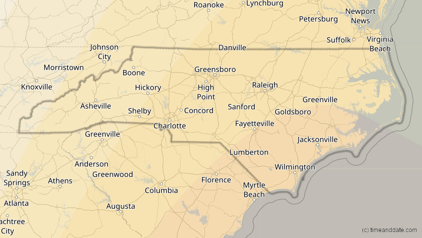 A map of North Carolina, USA, showing the path of the 5. Jan 2038 Ringförmige Sonnenfinsternis