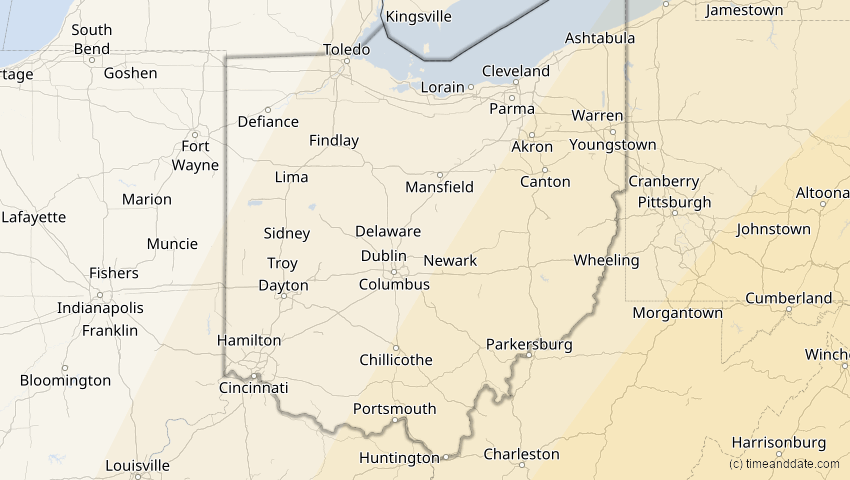 A map of Ohio, USA, showing the path of the 5. Jan 2038 Ringförmige Sonnenfinsternis