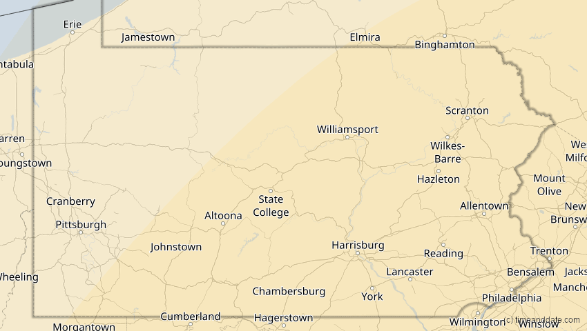 A map of Pennsylvania, USA, showing the path of the 5. Jan 2038 Ringförmige Sonnenfinsternis