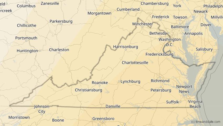 A map of Virginia, USA, showing the path of the 5. Jan 2038 Ringförmige Sonnenfinsternis