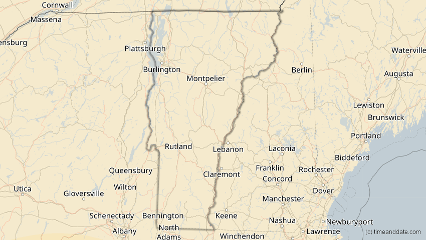 A map of Vermont, USA, showing the path of the 5. Jan 2038 Ringförmige Sonnenfinsternis