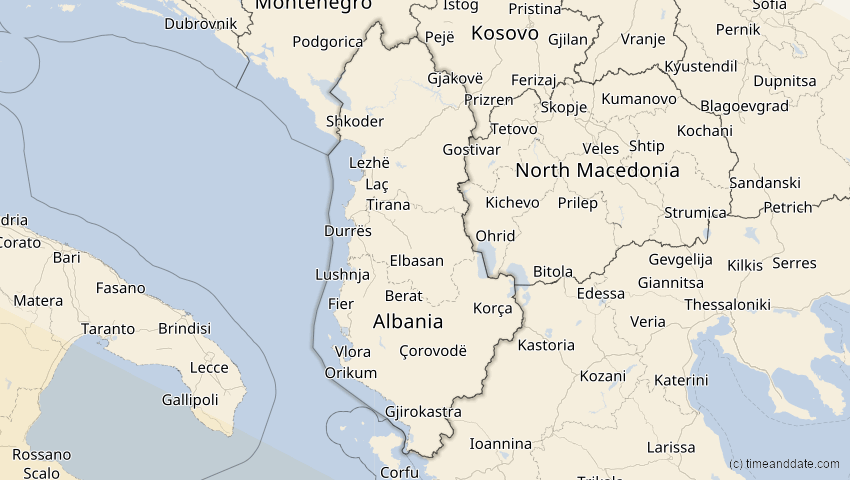 A map of Albanien, showing the path of the 2. Jul 2038 Ringförmige Sonnenfinsternis
